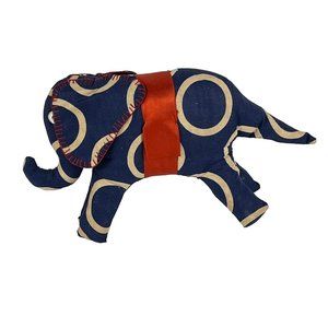 Vintage Handmade Cloth Stuffed Elephant Blue White Print Trunk Up